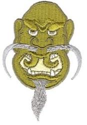 Cartoonish facial mask featuring a green face with an angry expression and bold white mustache, designed for machine embroide