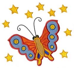 Applique butterfly with vibrant orange wings, playful blue accents, and surrounded by cheerful yellow stars.
