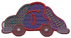 Applique car with a purple body, colorful patterns, and brown wheels, outlined in red for a vibrant look.