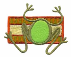 Applique frog with extended limbs, soft texture, set against vibrant orange and yellow stripes.