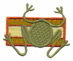 Applique frog with outstretched limbs against a vibrant striped background of orange, yellow, and cream.