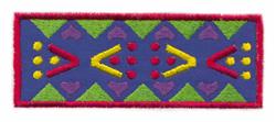 Applique decorative geometric pattern featuring vibrant blue background, green triangles, red outlines, and yellow dots.