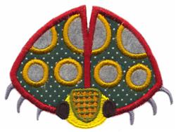 Applique ladybug with a red outline, green body, and playful yellow and gray spots, ideal for children's decor.