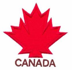 Applique red maple leaf with the word 'CANADA' in brown, featuring a bold and simple style.