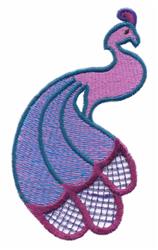 Applique peacock with a flowing tail in vibrant pink, purple, and blue colors, featuring clear outlines.