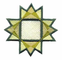 Applique geometric star shape in green and yellow tones with an inner square and symmetrically arranged points.