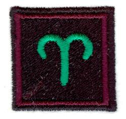 Aries astrological symbol in green with a subtle maroon border on a dark maroon background. Modern graphic design.
