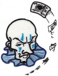 Cartoon bald character with a serious expression, surrounded by floating money bills and wearing a flowing blue garment.