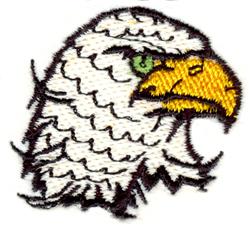 Realistic bald eagle head with bold outlines, featuring white feathers, a yellow beak, and a green eye.