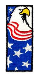 Bold bald eagle with yellow accents and flowing red and white stripes on a blue background with white stars, perfect for Inde