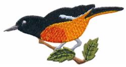 beginner-friendly bird machine embroidery pattern - Baltimore Oriole for kitchen tea towels