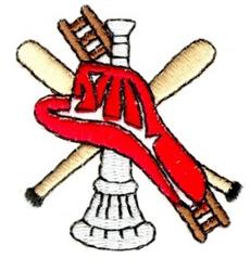 Vibrant red baseball glove featuring intricate stitching, with two crossed bats in a playful sports scene.