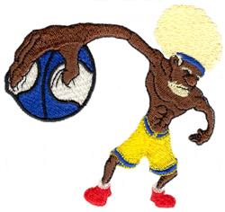 Cartoon basketball player with brown skin and light blonde hair, in yellow shorts and red shoes, about to dunk a blue ball.