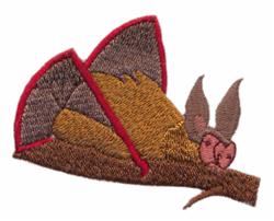 Cartoon bat resting on a branch, with vibrant brown, grey, and pink colors and red-bordered wings.