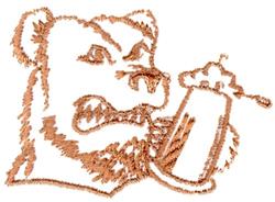Playful bear holding a beer mug with a fierce expression, featuring warm browns and beige shades.
