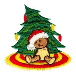 Cheerful bear wearing a Santa hat sits on a colorful rug in front of a green Christmas tree with festive ornaments.