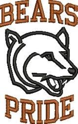 Bold bear head in brown and black thread with 'BEARS PRIDE' text above, perfect for school spirit.