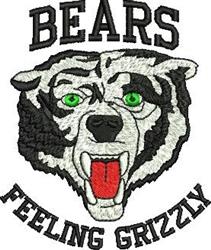 Bear head portrait with bold graphic style, featuring vibrant green eyes, a red tongue, and black and white fur.