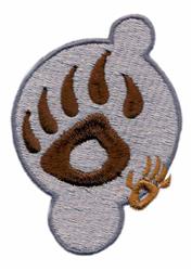 Cartoonish bear paw print in brown and gray with distinct claw marks and bold circular outline on light gray.
