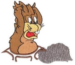 Cartoon beaver with arms raised, emerging from a gray burrow, playful expression on its face.