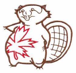 Playful beaver with a cheeky expression and a red maple leaf on its belly, perfect for autumn décor.