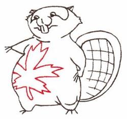 Cartoon beaver with playful expression, featuring a red maple leaf on its belly and a grid-patterned tail.