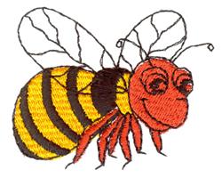 Cheerful cartoon bee with yellow and black stripes, a playful red head, and transparent wings; perfect for kids.