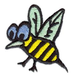 Playful bee with large blue eyes and green wings, featuring vibrant black and yellow stripes, perfect for spring.