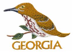 Realistic bird with brown and cream plumage on a branch surrounded by green leaves, with 'GEORGIA' in yellow below.