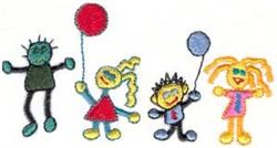 Four playful cartoon children in colorful outfits each hold a balloon, radiating a festive birthday vibe.