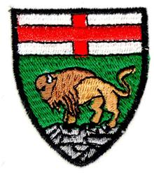 Bison emblem with a detailed design on rocky terrain, featuring a vibrant shield and bold cross banner.