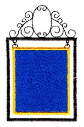 Blank frame with a blue square, yellow border, and black outlines, embellished with decorative scrollwork.