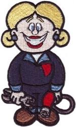 Cheerful cartoon female character with blonde hair and a blue outfit, smiling while holding a tool.