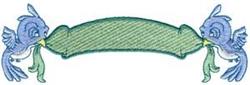 Whimsical embroidery featuring two blue birds connected by a green ribbon, bright colors creating a cheerful vibe.