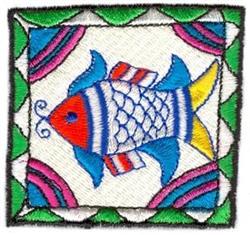Colorful blue fish with playful red and yellow accents in a decorative frame, set against bright green and pink backgrounds.