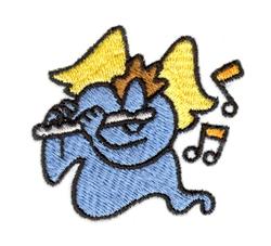 Playful blue ghost joyfully playing a flute, surrounded by musical notes in a cartoonish style.