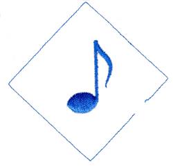 Blue music note within a diamond shape, set against a white background, featuring a simple and clean design.
