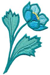 Vibrant flower with blue petals and green leaves in a stylized design, perfect for embroidery decor.