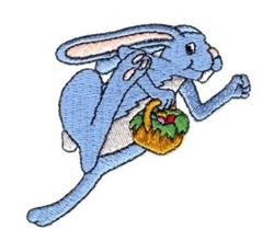 Playful blue rabbit with big ears joyfully holding a basket of fruits, perfect for Easter celebrations.