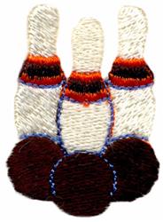 Playful design featuring three white bowling pins with orange and blue accents, alongside a contrasting brown bowling ball.