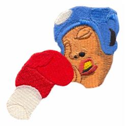 Cartoon boxer character in blue headgear and red boxing glove with exaggerated facial features, vibrant and energetic.