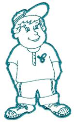 Playful boy character wearing a bright cap, button shirt, and shorts, smiling confidently in a cartoon style.