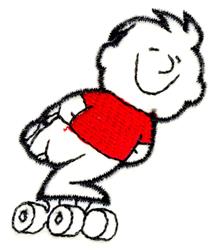 Cartoon boy on roller skates, wearing a bright red shirt, joyfully gliding in a playful design.
