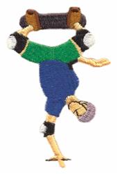 Playful breakdancer in handstand, sporting a green shirt and blue pants, vibrant embroidery design.