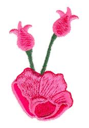 Vibrant pink flower with detailed shading, green stems, and budding flowers, capturing a lively spring essence.