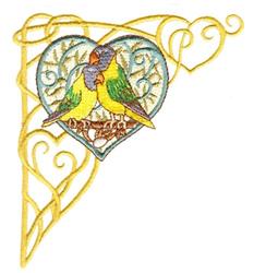 Vibrant pair of budgerigar birds in a heart shape, featuring intricate floral elements and playful colors for Valentine's Day