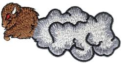 Playful brown buffalo with red accents runs beside a fluffy gray cloud in a charming cartoon style.