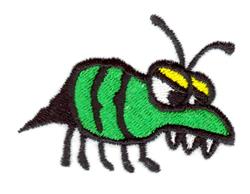 Playful cartoon-style bug with a green body, black stripes, and large yellow eyes, perfect for children's items.