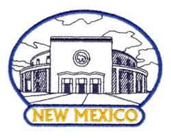 Illustrative black outline building with simplistic clouds above and bold yellow 'NEW MEXICO' text below.