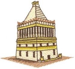 Stylized building tower in earthy tones with detailed windows and a quaint roof, perfect for rustic decor.